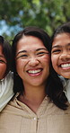 Happy, backyard and face of mom with children for bonding on holiday, vacation and weekend at home. Outdoor, family and portrait of mother with girls in garden for relationship, love and together
