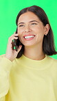 Laughing, woman and phone call in studio, green screen or communication with contact, humor and chat. Talking, person and funny discussion with mobile, happiness and conversation with tech and gossip