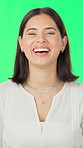 Face, funny and reaction with woman on green screen for comedy, humor or positive expression. Excited, friendly and laughing with happy person isolated in studio for cheerful character or personality