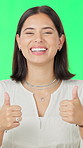 Thumbs up, laugh and face of woman with green screen for winning, approval and good job for success. Positive affirmation, well done and happy person with yes gesture for agreement, studio or support