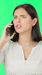 Angry, woman and phone call in studio, green screen and talking with partner and toxic relationship. Annoyed, person and communication with mobile, frustrated and conflict for breakup or argument