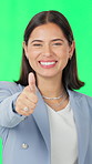Happy, business and woman face with thumbs up on green screen, winning and agreement for thank you. Good job, laughing and person with hand gesture for approval, yes sign and success emoji in studio