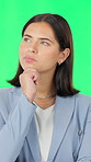 Green screen, serious and woman with decision, studio and ideas for project, journalist and creative. Thinking, reporter and person with choice for career development, reflection and media assignment