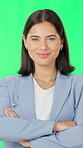Realtor, face or person on green screen with arms crossed, career or ambition as property seller. Housing industry, woman or real estate agent with pride, job or confidence on studio background.
