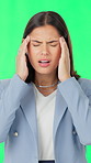Business, green screen and woman with headache, pain and brain fog on studio background. Person, professional and employee with migraine, mental health and pressure with stress, frustrated and dizzy