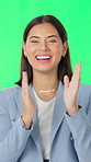 Business, celebration and face of woman on green screen for bonus, motivation or success as winner. Achievement, applause and pointing with excited employee isolated in studio for goals or target