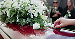 Hand, coffin and white rose for funeral at cemetery, memorial service and pay respect. Person, graveyard and flower on casket for peace, grief and mourning death with family at burial ceremony
