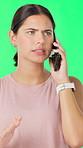 Angry, woman and phone call with green screen in studio for bad news, booking issue and fitness inquiry. Upset, athlete and person with mobile for complaint, membership cancellation and hidden fees