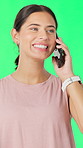Phone call, happy and woman by green screen for contact, communication or networking for fitness. Smile, cellphone and female person on mobile conversation for sports workout by studio background