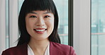 Happy, professional and face of Asian businesswoman in office with confidence for finance career. Smile, employee and portrait of female financial manager with pride for company about us in workplace