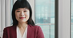 Smile, professional and face of Asian businesswoman in office with confidence for finance career. Happy, crossed arms and portrait of financial manager with pride for company about us in workplace.