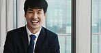 Happy, professional and face of Asian businessman in office with confidence for finance career. Laugh, employee and portrait of male financial manager with pride for company about us in workplace.