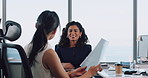 Creative, team and women with paperwork in office, discussion and planning for ad budget or campaign. Business, media strategist and people with documents for pr assignment, talking and collaboration