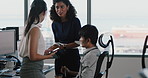 Review, team or people in office with tablet, feedback or budget insight in funding pitch. Collaboration, brief or finance consultants with tech, proposal idea or portfolio check in investment plan.
