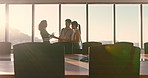 Business, sunshine or people in office with handshake, greeting or meeting for b2b deal. Networking, flare or employees in workplace with introduction, agreement or opportunity for partnership.