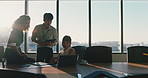 Business people, team and discussion in boardroom with laptop, insight and planning at insurance company. Advisor group, women and man with computer, review and meeting at risk management agency