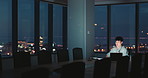 Man, laptop and night at office for review with project management, deadline and late at insurance company. Person, broker or advisor with computer, overtime and smartphone at risk assessment agency