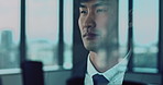 Window, thinking and business man with vision, problem solving or corporate decision for real estate. Asian person, realtor or professional with idea, property development or planning by glass office
