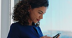 Business, woman and email in office with phone, real estate research and online property listing. Reading, female person and realtor scroll in workplace with tech, check website and text message.