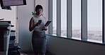 Business woman, phone and texting in office by window, walk and notification at insurance company. Person, smartphone and broker with mobile app, contact and documents at risk management agency