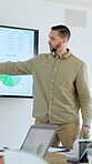 Screen, presentation and man in boardroom, talking and performance review with team, sales and chart. Business, data analyst and person with stats for revenue growth, meeting and financial report
