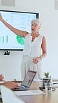 Boardroom, speech and woman with monitor, meeting or performance review with chart, online and sales. Office, data analyst and mature person with graphs for financial growth and presentation for team