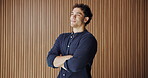 Happy, businessman and thinking with arms crossed in office, public relations and plan for campaign. Creative agency, space and person with smile for ideas, publicist and reflection for assignment
