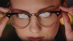 Night, glasses and woman typing on computer for information, research or data capturing. Closeup, remove reading specs and business person finish or done with technology for report deadline in office