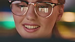 Glasses, talk or happy woman on video call at night, online discussion or virtual contact for bonding. Tech reflection, neon lights or long distance friends with late chat in home, specs or blow kiss