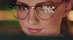 Business, glasses and happy woman scroll on computer for media, research or website at night. Closeup, reading specs and professional person with technology for homepage design deadline in office