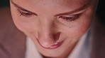 Light, tablet and businesswoman in office at night with research, email or communication for feedback. Digital technology, glow and female creative editor with contact for advice on publishing.