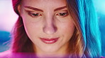 Woman, neon and vision with technology for entertainment, online subscription or gaming in home. Female person, gamer or smile with screen reflection for esport, user interaction or network in house