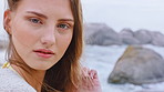 Portrait, calm and woman outdoor with reflection, memory or planning on holiday, getaway or travel. Relax, nostalgia and female person with peace, mindfulness or self care weekend trip or vacation.