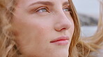 Thinking, windy or woman at beach with peace, past memory or mindfulness on weekend break. Reflection, breeze or female person outdoor with mindset, nostalgia or calm perspective in free time.