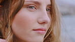 Thinking, calm or woman outdoor with windy, past memory or mindfulness on weekend break. Reflection, breeze or female person in nature with mindset, nostalgia or peaceful perspective in free time.