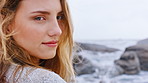 Thinking, calm and face of woman by beach with reflection, memory or planning on holiday or getaway. Relax, nostalgia and female person by ocean with peace, mindfulness or self care weekend trip.