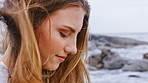 Thinking, relax and woman outdoor with reflection, memory or planning on holiday, getaway or travel. Calm, nostalgia and female person with peace, mindfulness or self care weekend trip or vacation.