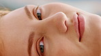 Calm, face and woman with relax outdoor with thinking, peace and mindfulness on vacation. Zen, portrait and person chilling with reflection, nostalgia or memory on holiday, travel or weekend trip.