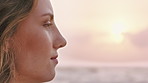 Thinking, calm or woman at beach with fresh air, past memory or mindfulness on weekend break. Reflection, space or person outdoor with mindset, nostalgia or peaceful perspective in free time.