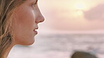 Thinking, peace or woman at beach with fresh air, past memory or mindfulness on weekend break. Reflection, breeze or female person outdoor with mindset, nostalgia or calm perspective in free time.