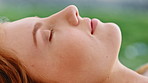 Calm, smile and woman with relax outdoor with thinking, peace and mindfulness on vacation. Zen, nap and person chilling with reflection, nostalgia or memory on holiday, travel or weekend trip.