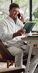 Remote work, phone call and man with tablet for review, client feedback or firewall software project. Talk, explain system plan or person with tech for security program development, freelance or home