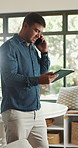 Remote work, phone call and man with tablet for planning, client feedback and firewall software project. Contact, explain system or freelancer with tech for security program development, talk or home