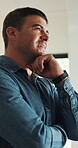 Thinking, journalist and man in home for remote work, brainstorming news article and idea for feature. Story angle, source protection and freelancer with solution for privacy, perspective or planning
