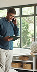 Remote work, phone call and man with tablet for contact, client feedback and firewall software project. Walking, explain plan and freelancer with tech for security program development, talk and home