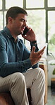 Sofa, speaking and man with phone call in home, connectivity and listening for morning conversation. Chat, express opinion and person with contact to share experience, mobile and relax in apartment