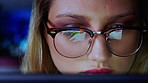 NIght, programmer and woman in workplace, glasses for clear vision and research. Coding, problem solving or person in office, eyewear or reflection with online reading, evening or software update