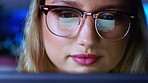 Night, programming and woman in workplace, glasses for clear vision and research. Coding, IT programmer or person in office, eyewear and reflection with online reading, evening and cyber security