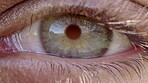 Closeup, focus and vision with green eye of woman for awareness, contact lenses or optometry. Detail, macro and perception with eyeball of person in ophthalmology appointment eyesight or test stare