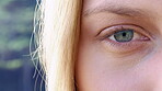Closeup, face and eye outdoor with optometry, optical or glaucoma test for vision. Health, portrait and female person in nature with retina, eyesight assessment or visual wellness in ocular care.
